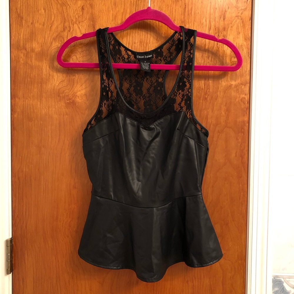 Cotton Express black leather lace peplum top S